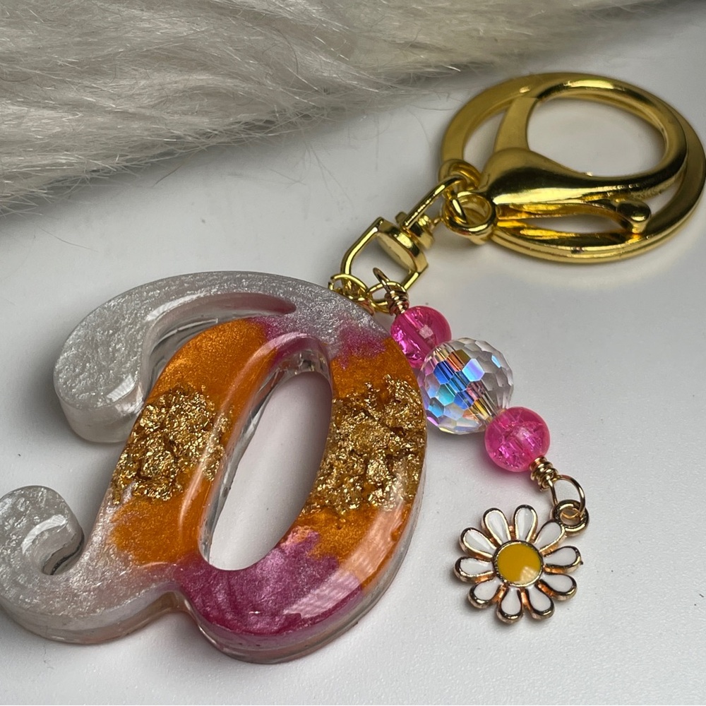 Custom Orange Cream and Pink Letter “D” Keychain with Daisy Charm - Picture 9 of 12